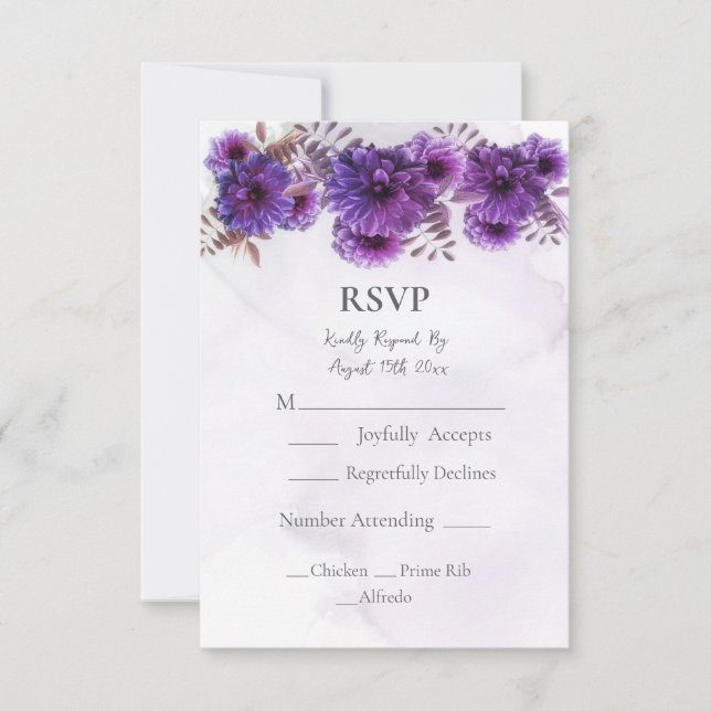 Purple Watercolor Chrysanthemum Wedding  RSVP Card (Front)