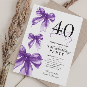 Purple Watercolor Coquette Bow 40th Birthday Invitation