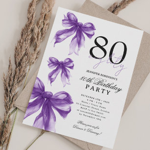 Purple Watercolor Coquette Bow 80th Birthday  Invitation