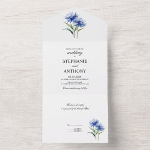 Purple Watercolor Cornflower WIldflower Wedding All In One Invitation