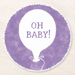 Purple Watercolor Custom Text Baby Shower Oh Baby Round Paper Coaster