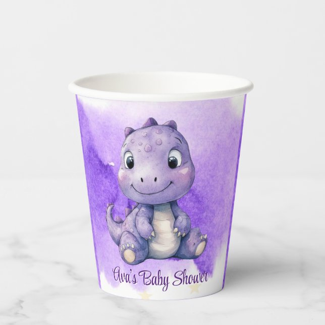 Purple Watercolor Cute Dinosaur Girl Baby Shower Paper Cups (Front)
