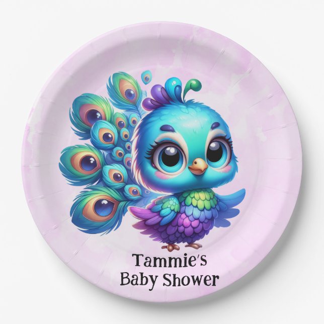 Purple Watercolor Cute Peacock Girl Baby Shower Paper Plate (Front)