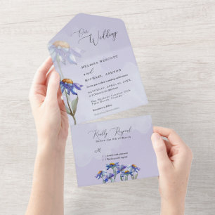 Purple Watercolor Daisies Modern Rustic Wedding All In One Invitation