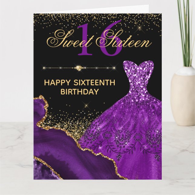 Purple Watercolor Dress Sweet 16 Birthday Card (Front)