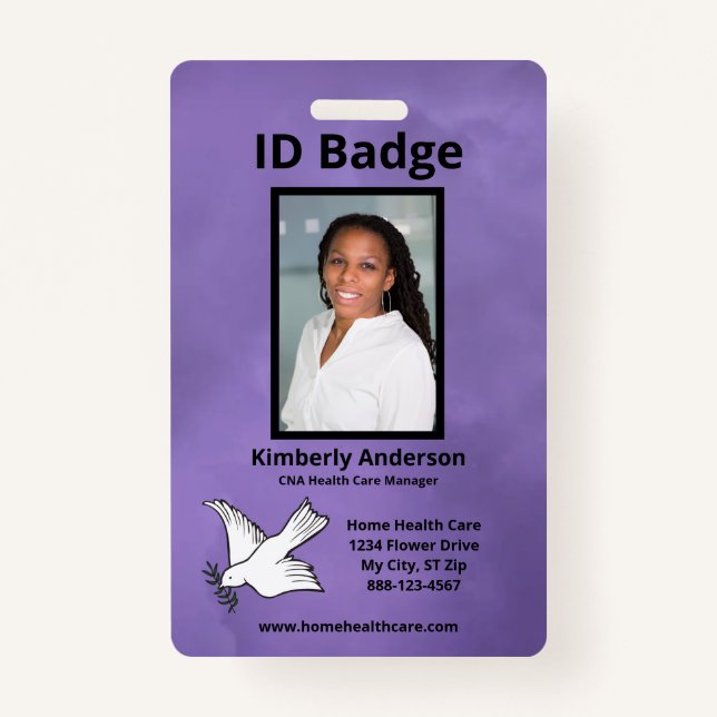 Purple Watercolor Employee Photo Name Logo ID ID Badge (Front)