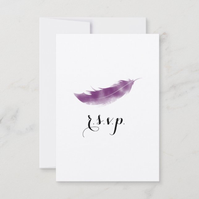 Purple Watercolor Feather Wedding RSVP (Front)
