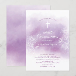 Purple Watercolor First Communion Invitation