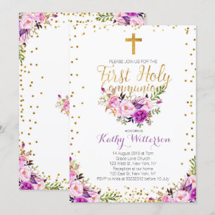 Purple Watercolor First Holy Communion Invitation
