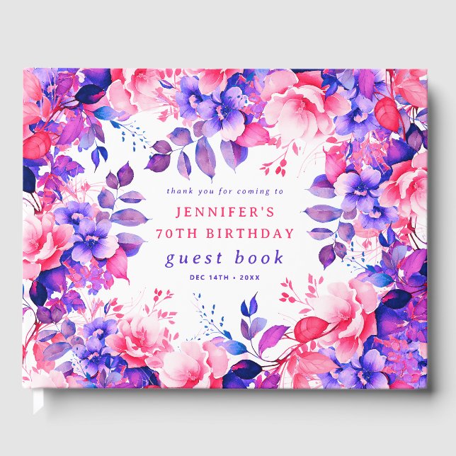 Purple Watercolor Floral 70th Birthday Guest Book (Front)