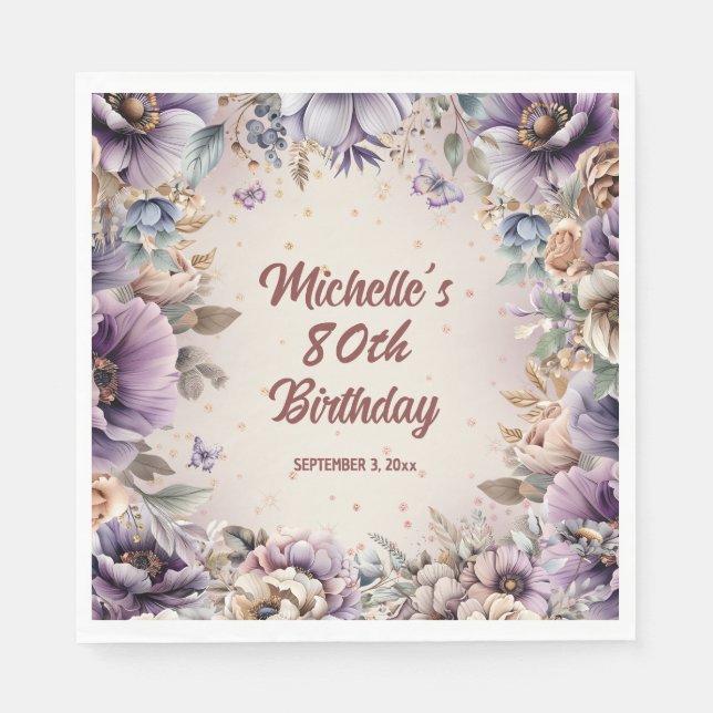 Purple Watercolor Floral 80th Birthday Napkin (Front)