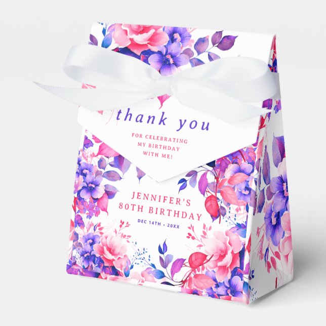 Purple Watercolor Floral 80th Birthday Party Favour Box (Front Side)