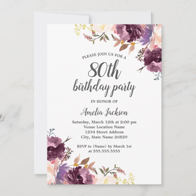 Purple Watercolor Floral 80th Birthday Party Invitation (Front)