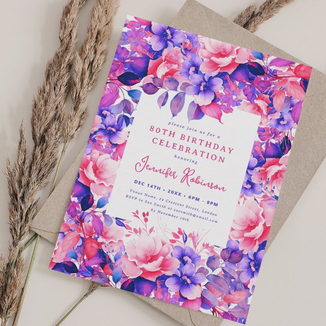 Purple Watercolor Floral 80th Birthday Party  Invitation (Purple Watercolor Floral 80th Birthday Party Invitation)