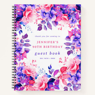 Purple Watercolor Floral 90th Birthday Guest Book