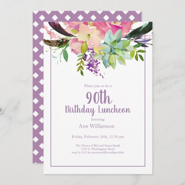 Purple Watercolor Floral 90th Birthday Invitation (Front/Back)