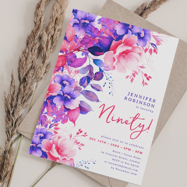 Purple Watercolor Floral 90th Birthday Party Invitation (Purple Watercolor Floral 90th Birthday Party Invitation)