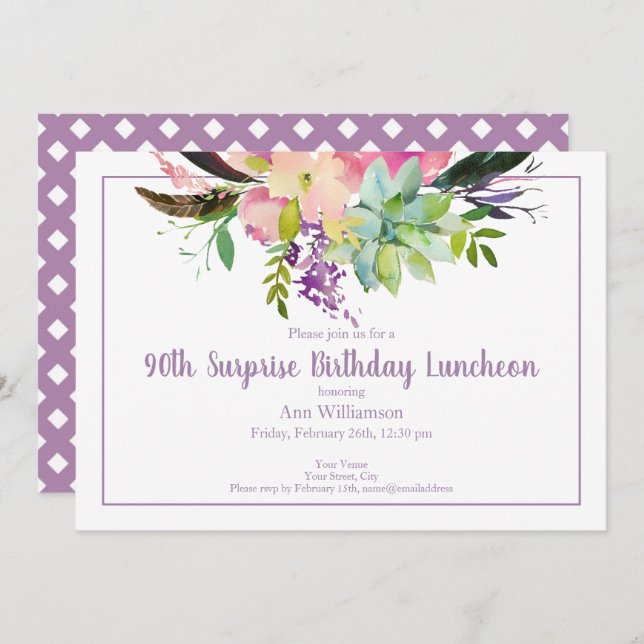 Purple Watercolor Floral 90th Surprise Birthday Invitation (Front/Back)