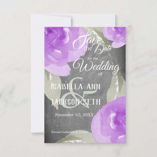 Purple Watercolor Floral and Chalkboard Save The Date (Front)
