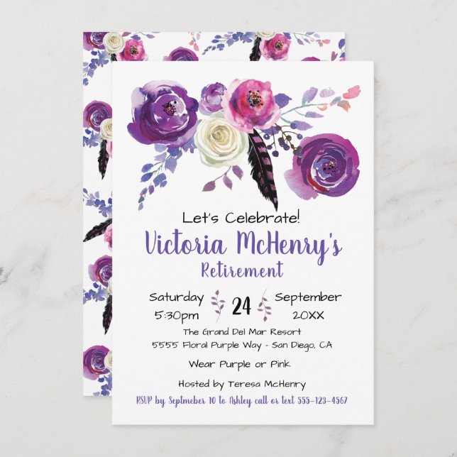 Purple watercolor Floral Boho Retirement Party Invitation (Front/Back)