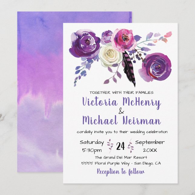 Purple watercolor Floral Boho wedding invitations (Front/Back)