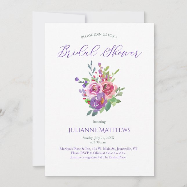 Purple Watercolor Floral Bouquet Bridal Shower Invitation (Front)