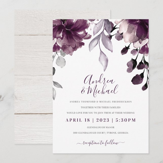Purple Watercolor Floral Bouquet Wedding Invitation (Front/Back)