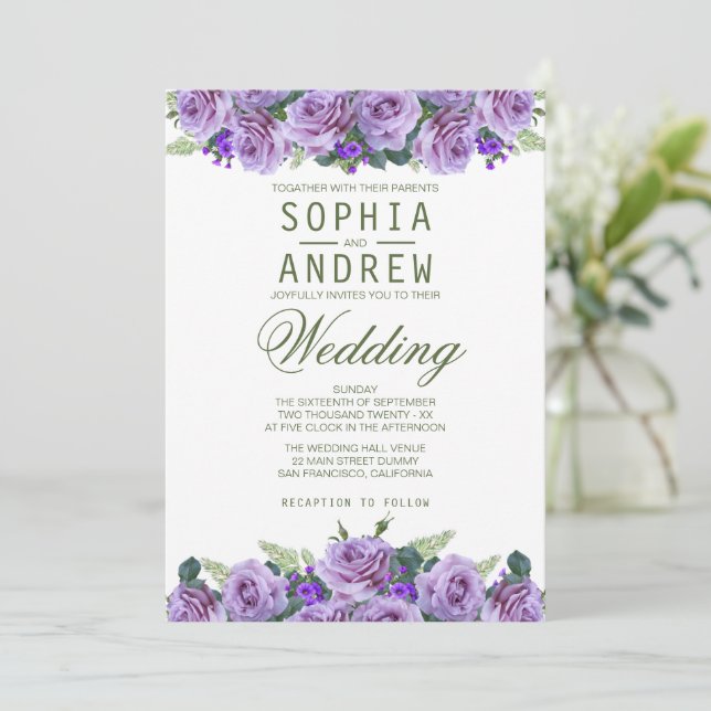 Purple Watercolor Floral Elegant Wedding   Invitation (Standing Front)