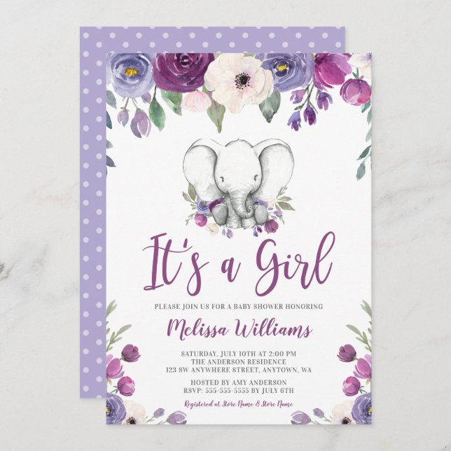 Purple Watercolor Floral Elephant Girl Baby Shower Invitation (Front/Back)