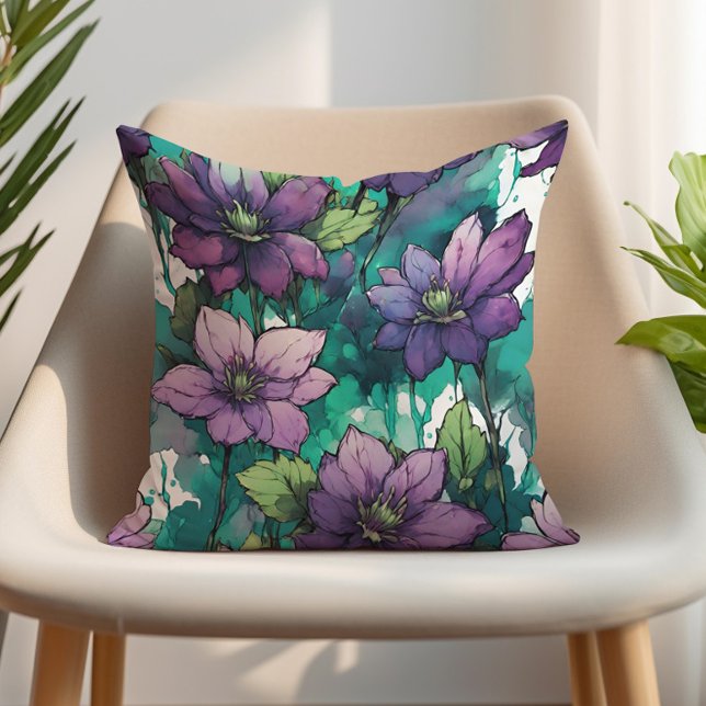 Purple Watercolor Floral Emerald Green Leaves  Cushion (Purple flowers on emerald green decorator pillow)