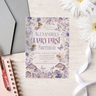 Purple Watercolor Floral Fairy First Birthday Vellum Invitations