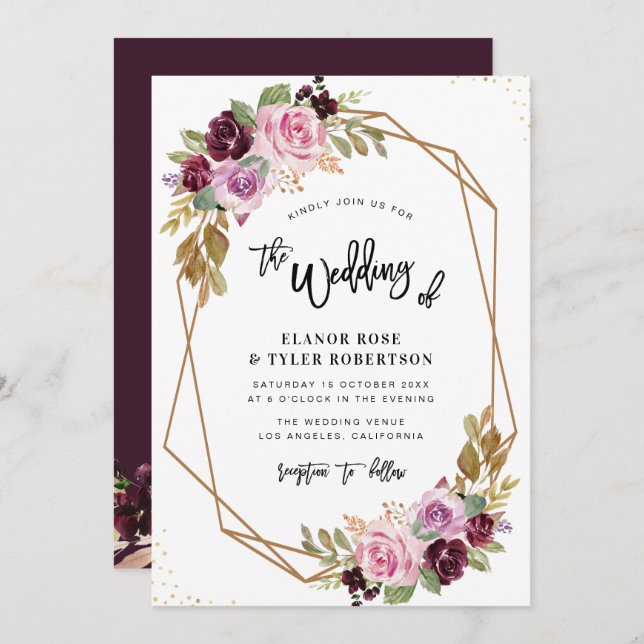 purple watercolor floral fall wedding invitation (Front/Back)