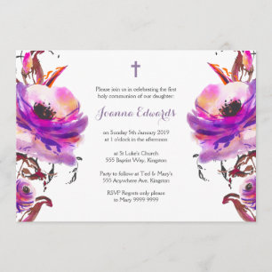 Purple Watercolor Floral First Communion Invitation
