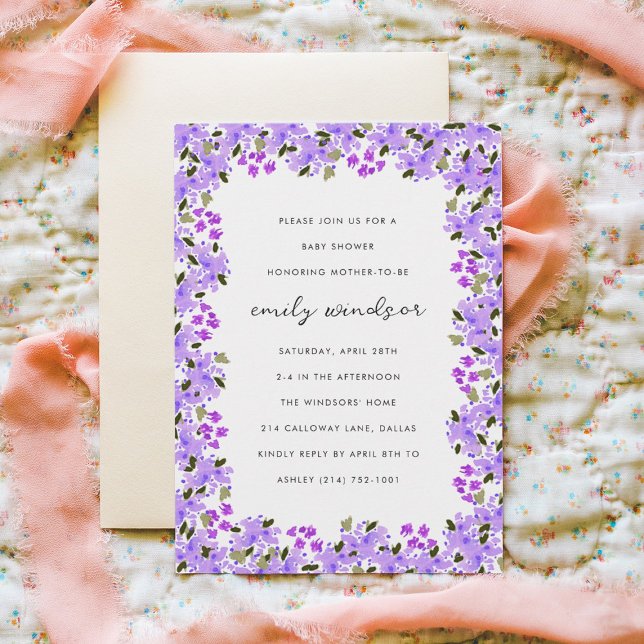 Purple Watercolor Floral Garden Baby Shower Invitation (Creator Uploaded)