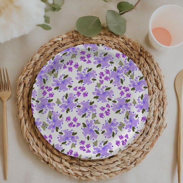 Purple Watercolor Floral Garden Paper Plates (Purple watercolor floral garden baby or bridal shower paper plates.)
