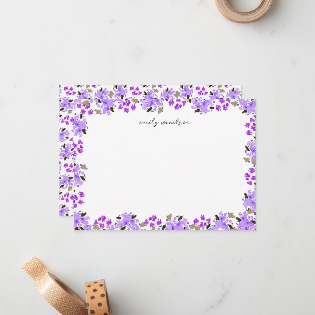 Purple Watercolor Floral Garden Personalised Card (Front/Back In Situ)