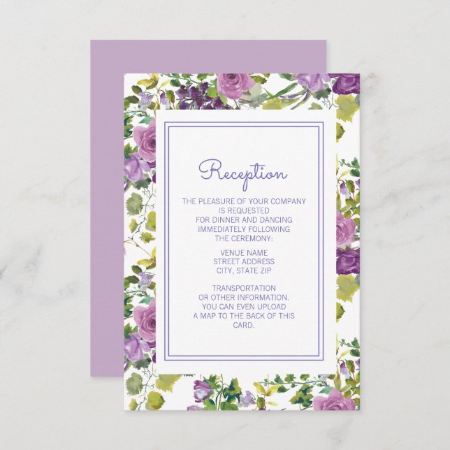 Purple Watercolor Floral Garden Wedding Reception Invitation (Front/Back)