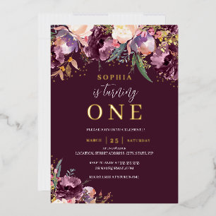 Purple Watercolor Floral Girl 1st Birthday Gold