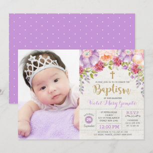 Purple Watercolor Floral Girl Baptism Christening Invitation