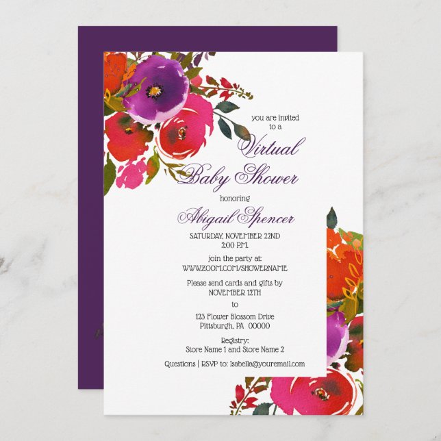 Purple Watercolor Floral Girl Virtual Baby Shower  Invitation (Front/Back)