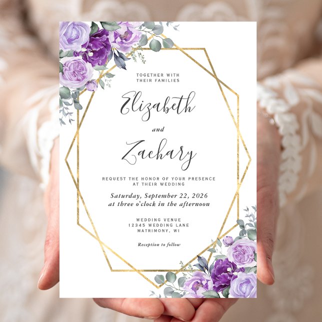 Purple Watercolor Floral Gold Frame Wedding Invitation (Creator Uploaded)