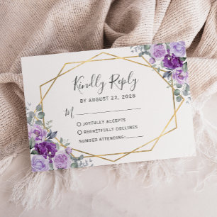Purple Watercolor Floral Gold Frame White RSVP Card