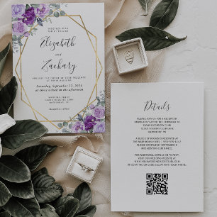 Purple Watercolor Floral Gold QR Code Wedding Invitation