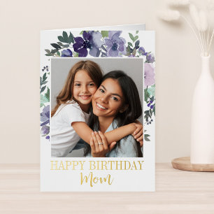 Purple Watercolor Floral Happy Birthday Mum Photo Foil Greeting Card