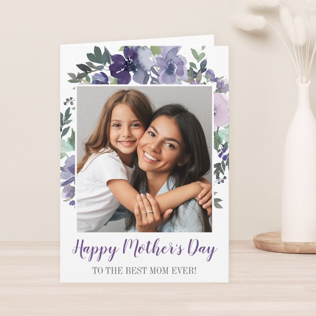 Purple Watercolor Floral Happy Mother's Day Photo Card (Creator Uploaded)