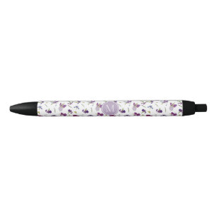 Purple Watercolor Floral Irises Pattern Monogram Black Ink Pen