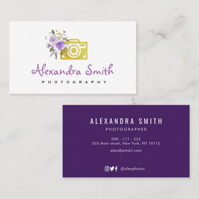 purple watercolor floral logo photographer business card (Front/Back)