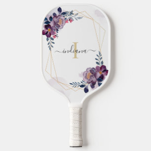 Purple Watercolor Floral Monogram Script Name Pickleball Paddle
