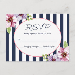 Purple Watercolor Floral Navy Blue Stripes Wedding Postcard