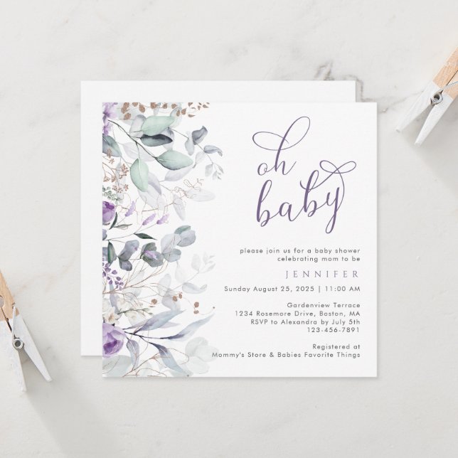 Purple Watercolor Floral Oh Baby Shower  Invitation (Front/Back In Situ)